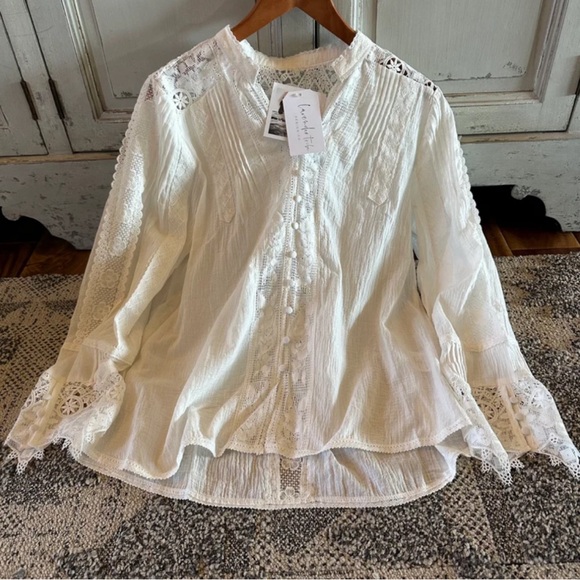 New White Lace Inset 3/4 Sleeve Button Front Blouse Top Women's Top Boho - Picture 5 of 11
